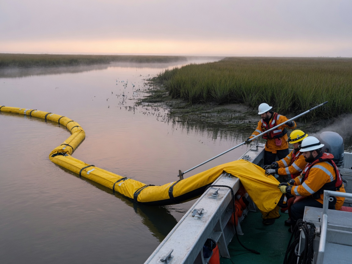 Harbor channel with containment boom around a sheen near a trestle